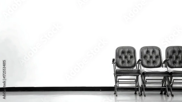 Fototapeta Three Black Upholstered Chairs in Modern Waiting Room with White Wall and Minimalist Design