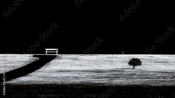 Fototapeta Black and White Landscape Scene with Tree and Bench on Hilltop