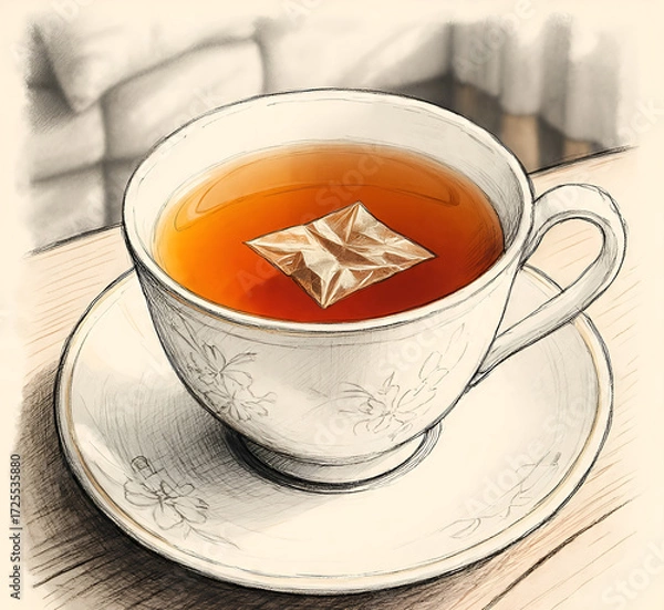 Fototapeta Illustration of a cup of tea with a tea bag on a wooden table