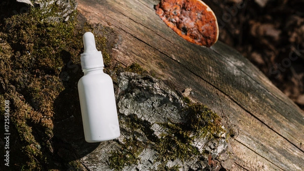 Fototapeta A dark and light glass serum bottle with a dropper, tree bark wood, moss. forest on a sunny day nature background. Concept of skin care, hydration, cosmetic demonstration eco-friendly product mock up