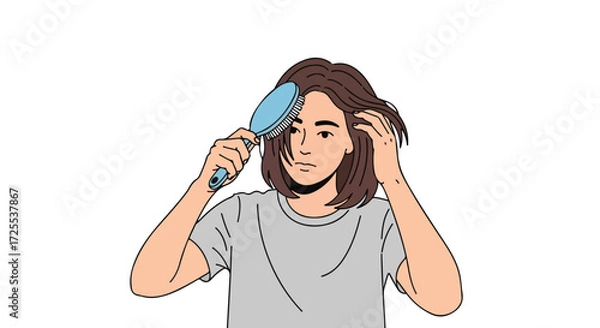 Obraz A brunette woman with a shoulder-length bob calmly brushes her hair with a soft blue brush against a bright white background illustration