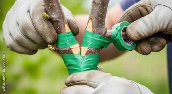 Fototapeta Closeup of a gardener skillfully executing a whip graft technique to join two tree limbs promoting disease resistance and improved productivity.