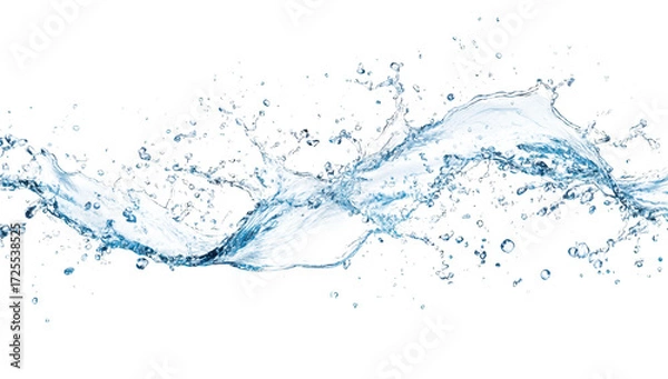 Obraz A dynamic splash of clear water fluid motion and droplets. captured against a stark white background. ideal for illustrating themes of freshness and purity
