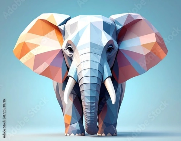 Obraz A majestic, symmetrical portrait of an elephant's head, created in a modern low poly geometric style. This wildlife icon symbolizes strength, wisdom, and nature.