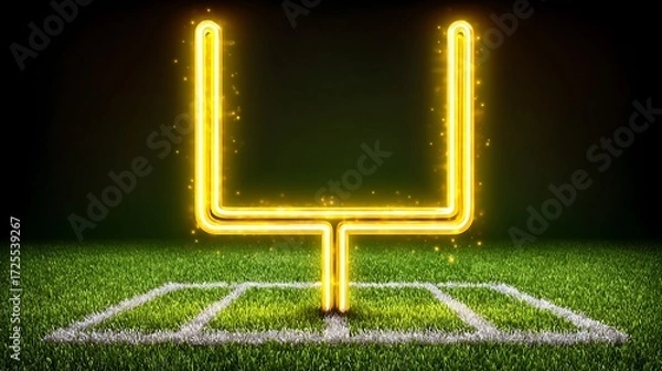 Fototapeta Bright Neon Football Goal Post on Field with Glowing Sparkles at Night