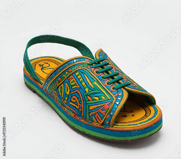 Fototapeta Colorful handmade sandal with green straps isolated on white background