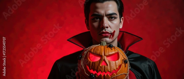 Fototapeta Vampire character holds glowing pumpkin, embodying Halloween spirit with dramatic red background