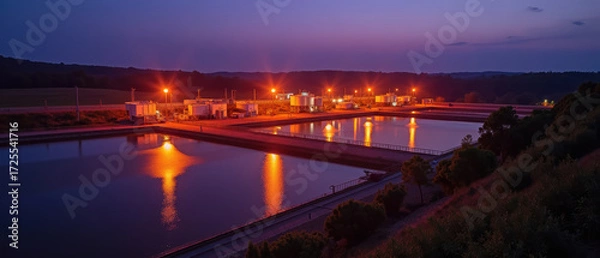 Fototapeta Nighttime view of water treatment facility with illuminated tanks reflecting orange lights on water surface, surrounded by greenery