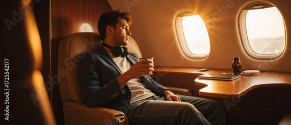 Fototapeta Man enjoys moment of relaxation in luxury airplane cabin, gazing out window at sunset while holding cup