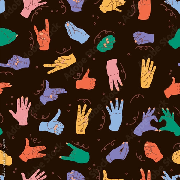 Fototapeta Colorful Hand gestures seamless pattern. Signs, expression pointing finger texture