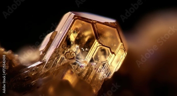 Fototapeta Close-up of a sparkling, faceted amber-colored crystal against a dark background, showcasing its intricate structure and warm glow.