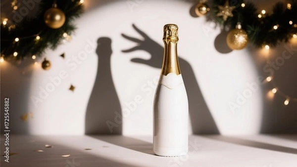Fototapeta Elegant Champagne Bottle with Gold Foil on Table with Shadow Play