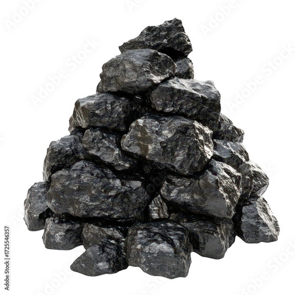 Obraz A visually striking pile of shiny black coal rocks arranged in a natural formation. set against a clean white background. ideal for illustrating energy resources or mining themes