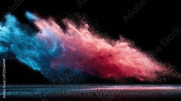 Fototapeta directional. Colorful powder cloud captured in motion against a dark, textured background. product launch decks, UI/UX mockups, designed for data visualization dashboards and holographic UIs.