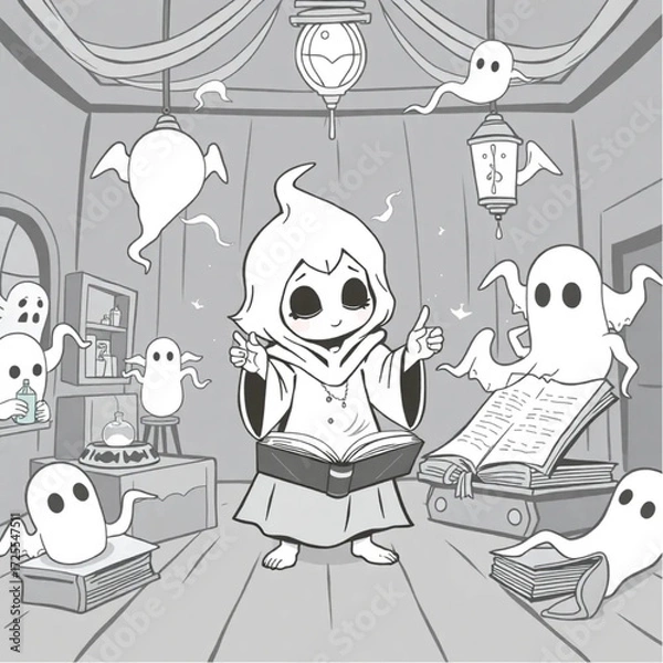 Fototapeta A spectral child chanting ancient spells in a phantom-filled ballroom surrounded by ancient spellbook.
