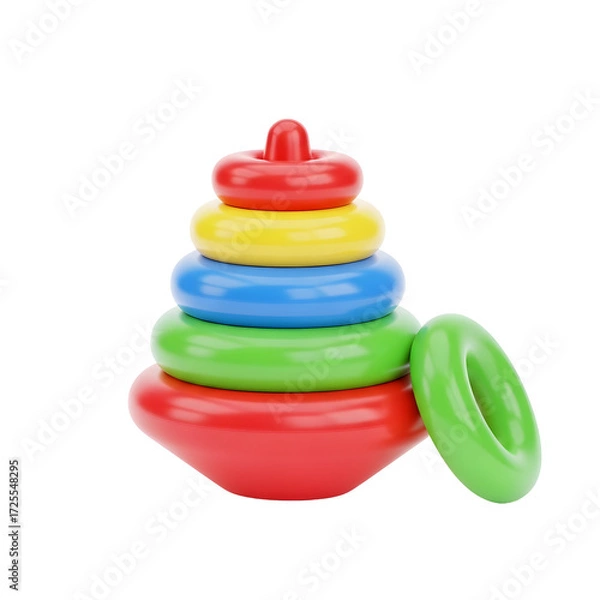 Fototapeta A colorful plastic stacking rings toy pyramid, a 3D render isolated on a transparent background.