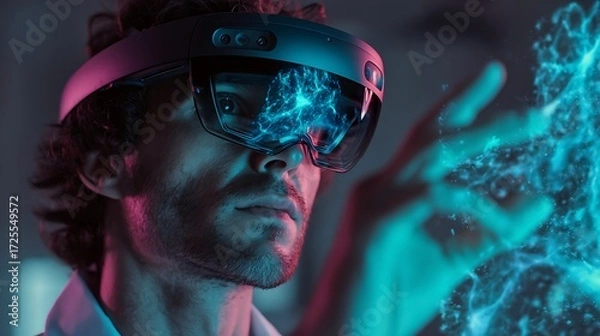 Fototapeta Young Man Wearing Virtual Reality Headset Engaging with Digital Lightning in Dark Tech Environment