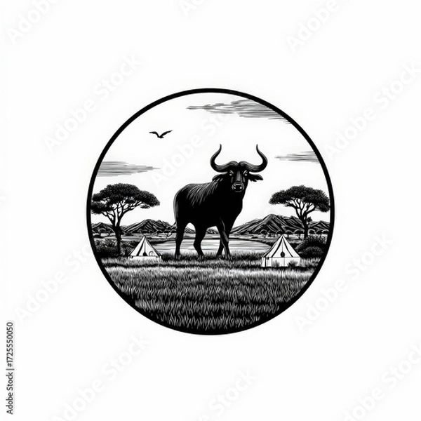 Fototapeta A majestic buffalo stands in a serene savannah landscape, with acacia trees and a bird soaring overhead. Black and white illustration.