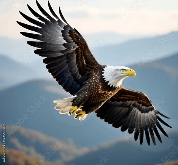 Fototapeta Majestic bald eagle soars high above the mountains with wings fully spread