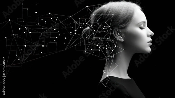 Fototapeta Profile of a woman with digital mesh and lines forming around her head, symbolizing advanced technology or artificial intelligence.