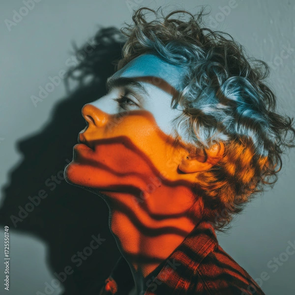 Fototapeta Profile of a young man with curly hair, illuminated by colorful light casting abstract shadows on his face.