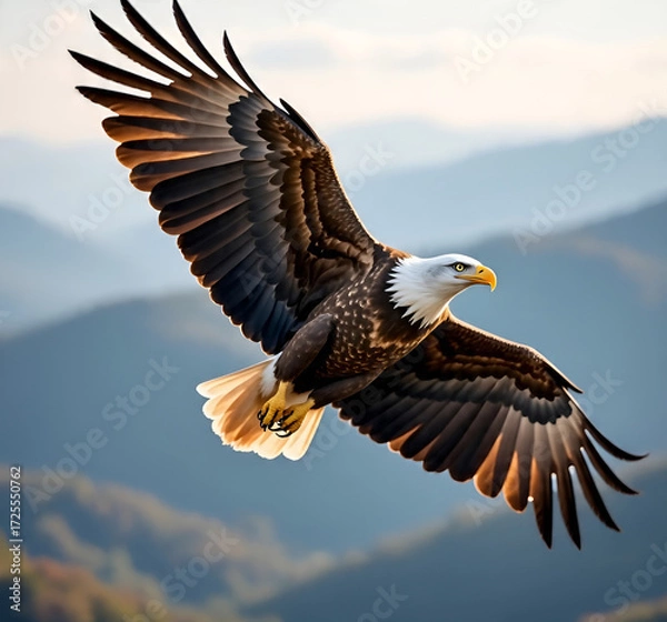 Fototapeta Bald eagle in flight, wings spread wide, soaring over the mountain range