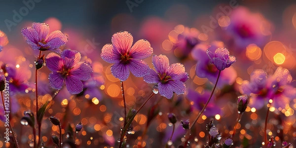 Fototapeta Vibrant purple flowers glistening with dewdrops at sunrise, casting a magical glow with sparkling bokeh light in the background.