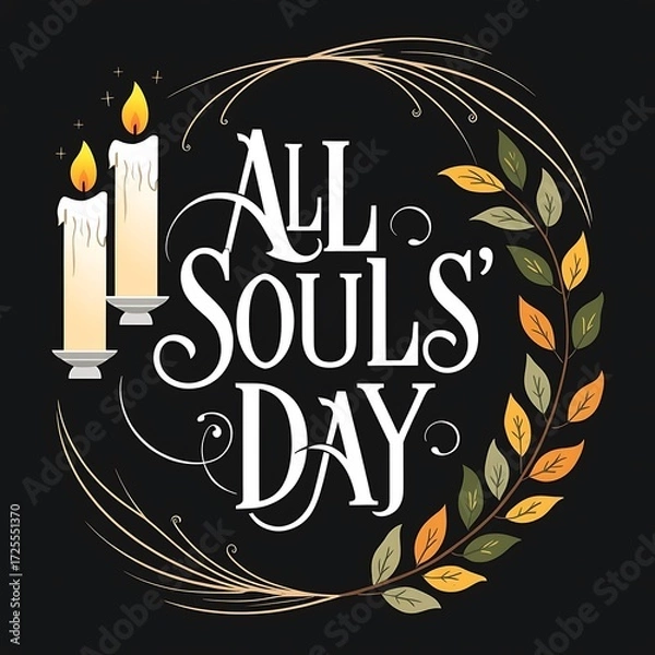 Fototapeta All souls' day candlelit wreath with two lit candles, autumn leaves and pine sprigs, gold flourishes and subtle stars on dark background, memorial artwork for vigils and sympathy cards