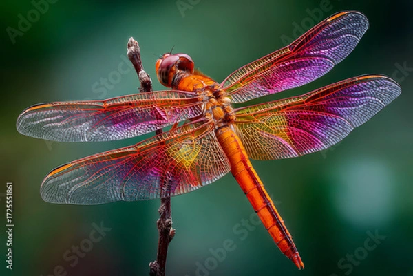 Fototapeta A striking orange dragonfly perched on a twig, displaying its intricate, iridescent wings against a soft green background.
