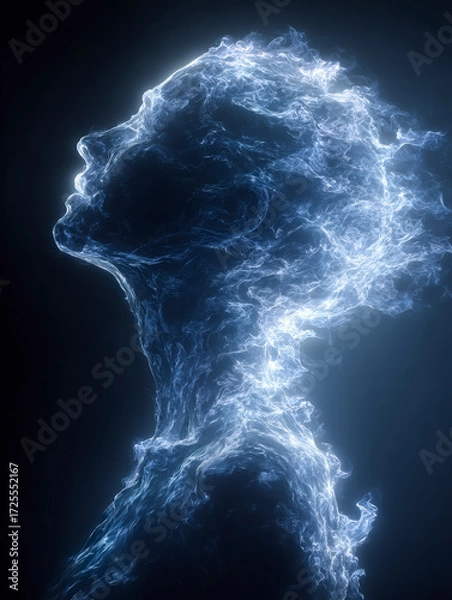 Fototapeta Digital artwork featuring a profile of a human head and shoulders formed with dynamic blue electric-like energy on a black background.