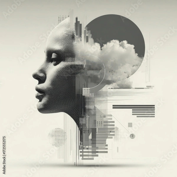Fototapeta Black and white digital artwork blending a woman's profile with abstract, geometric shapes, and cloud imagery in a circular motif.