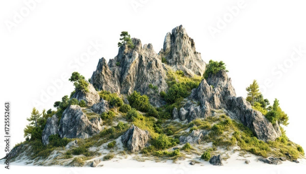 Obraz A serene rocky mountain landscape featuring rugged cliffs and lush greenery. set against a bright white background. ideal for nature-themed projects or digital art