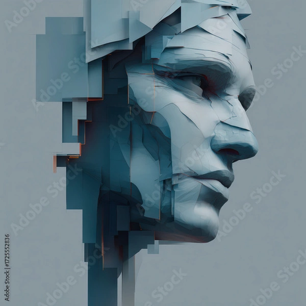 Fototapeta Abstract digital sculpture of a human head, fragmented into geometrical shapes, blending art and technology in a cool-tone palette.