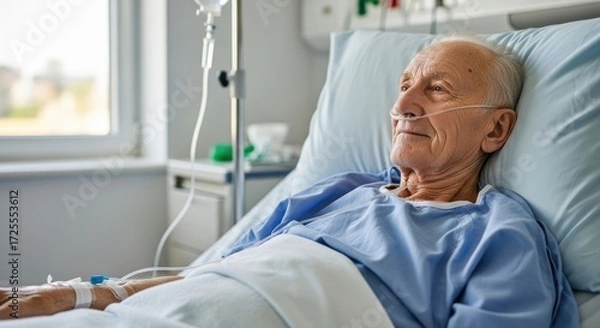 Fototapeta An elderly man lying in a hospital bed with a nasal cannula and IV drip.