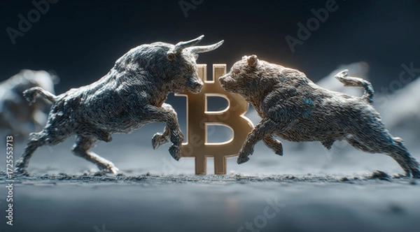 Fototapeta Two metallic bulls clashing horns in front of a large Bitcoin symbol, representing the volatility and rivalry in cryptocurrency markets.