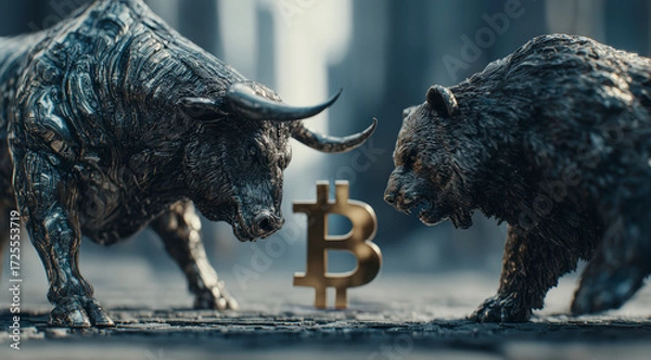 Fototapeta A metallic bull and bear facing off over a Bitcoin symbol, representing the battle between market trends in a cityscape.