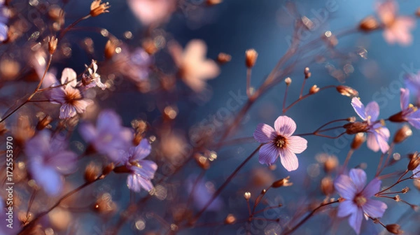 Fototapeta Close-up image of delicate purple flowers with thin stems against a soft, blurred background, conveying a dreamy spring atmosphere.