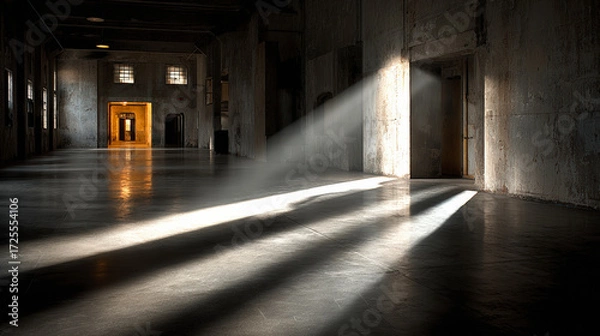 Fototapeta Sunlight beams through windows in a large, empty industrial hall, casting long shadows and highlighting an open distant door.