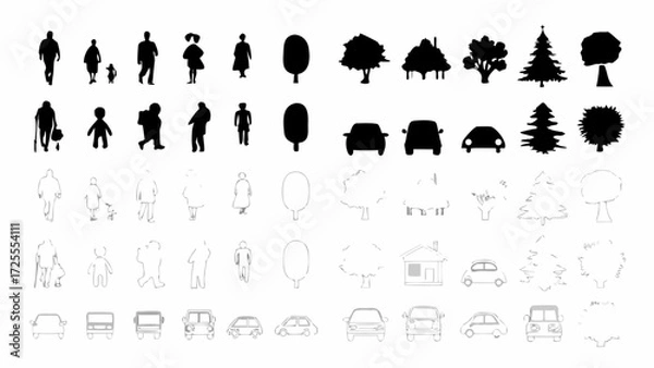 Obraz Architectural visualization elements for site plans featuring people, trees, and vehicles, perfect for adding realistic context to your design projects with ease