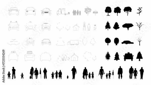 Obraz Diverse city elements in black and white, perfect for urban planning mockups or design projects, featuring people, trees, cars, and houses in silhouette