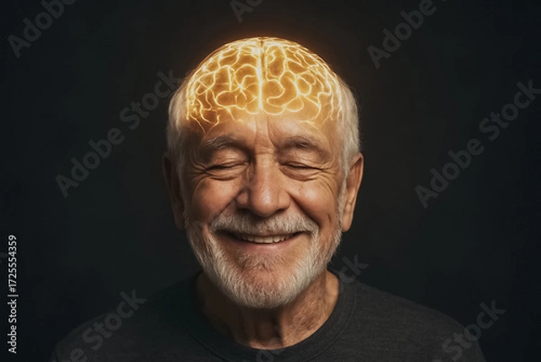 Fototapeta An insightful elderly man smiles serenely, the glowing silhouette of a brain illuminating his mind, a visual depiction of mental clarity and wisdom.