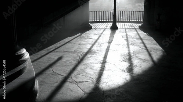 Fototapeta Black and white photo of a sunlit room with shadows cast by a railing, highlighting the texture of the floor.