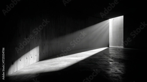 Fototapeta Sunlight streaming through an opening in a dark concrete corridor, casting sharp, contrasting shadows on the surfaces.
