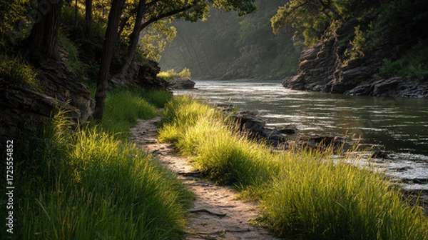 Fototapeta A tranquil river flows gently through a lush, tree-lined gorge under soft sunlight, highlighting a serene walking path at the shore.