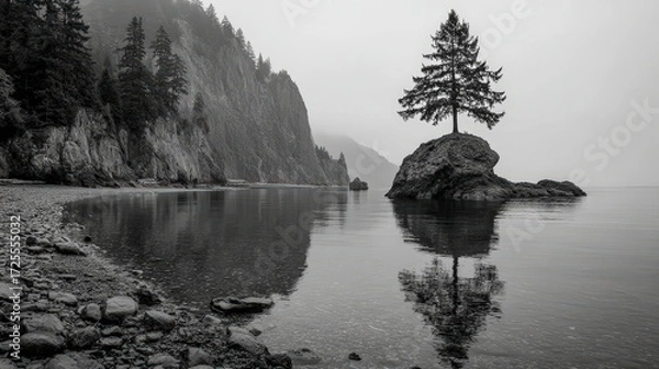 Fototapeta A solitary tree stands on a rock, mirrored in calm waters, with fog-enshrouded cliffs lining a serene, pebbly shore.