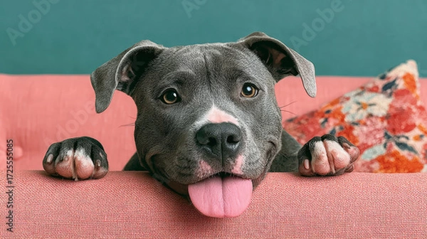 Fototapeta A playful gray dog with a pink tongue out, peeking over a pink couch, looking curious and excited.