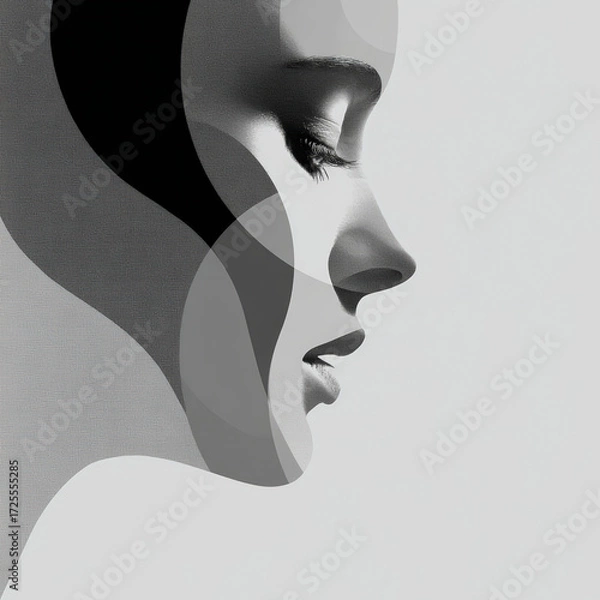 Fototapeta Artistic black and white portrait of a woman's profile with distinct geometric patterns overlaying her face.