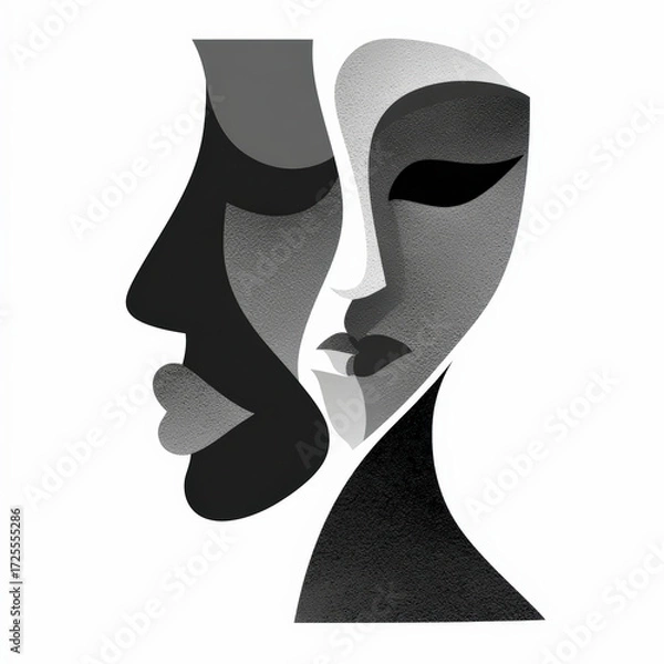 Fototapeta Artistic representation of two abstract faces in profile, crafted in black and white, symbolizing duality or contrasting emotions.