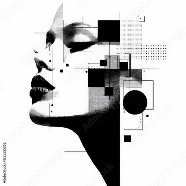 Fototapeta Abstract geometric and halftone design overlaying a partial, monochrome profile of a female face with highlighted features.