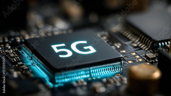 Fototapeta A close-up of a 5G chip on a circuit board, symbolizing advanced telecommunication technology and fast connectivity capabilities.